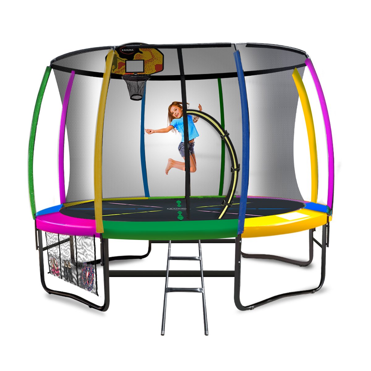 Kahuna 14ft Outdoor Trampoline Kids Children With Safety Enclosure Pad Mat Ladder Basketball Hoop Set - Rainbow