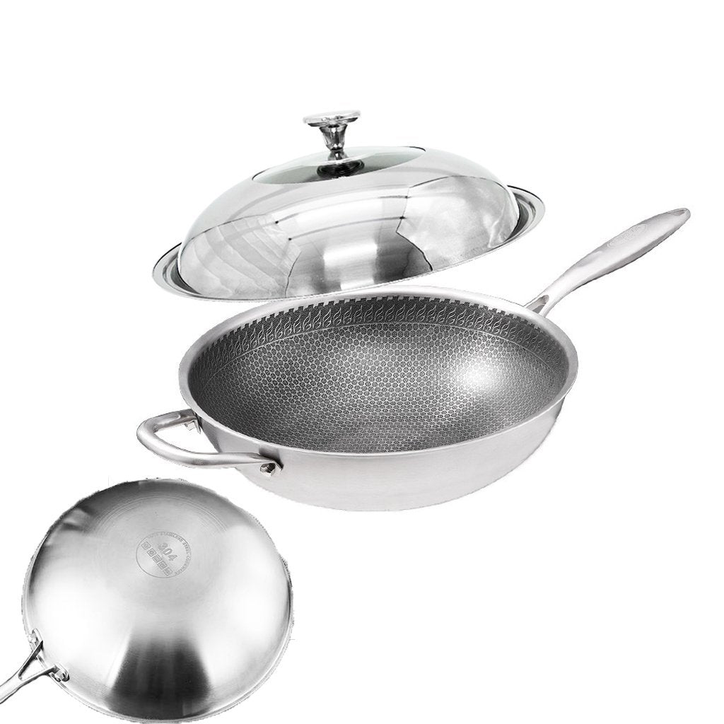 304 Stainless Steel 32cm Non-Stick Stir Fry Cooking Kitchen Wok Pan with Lid Honeycomb Single Sided