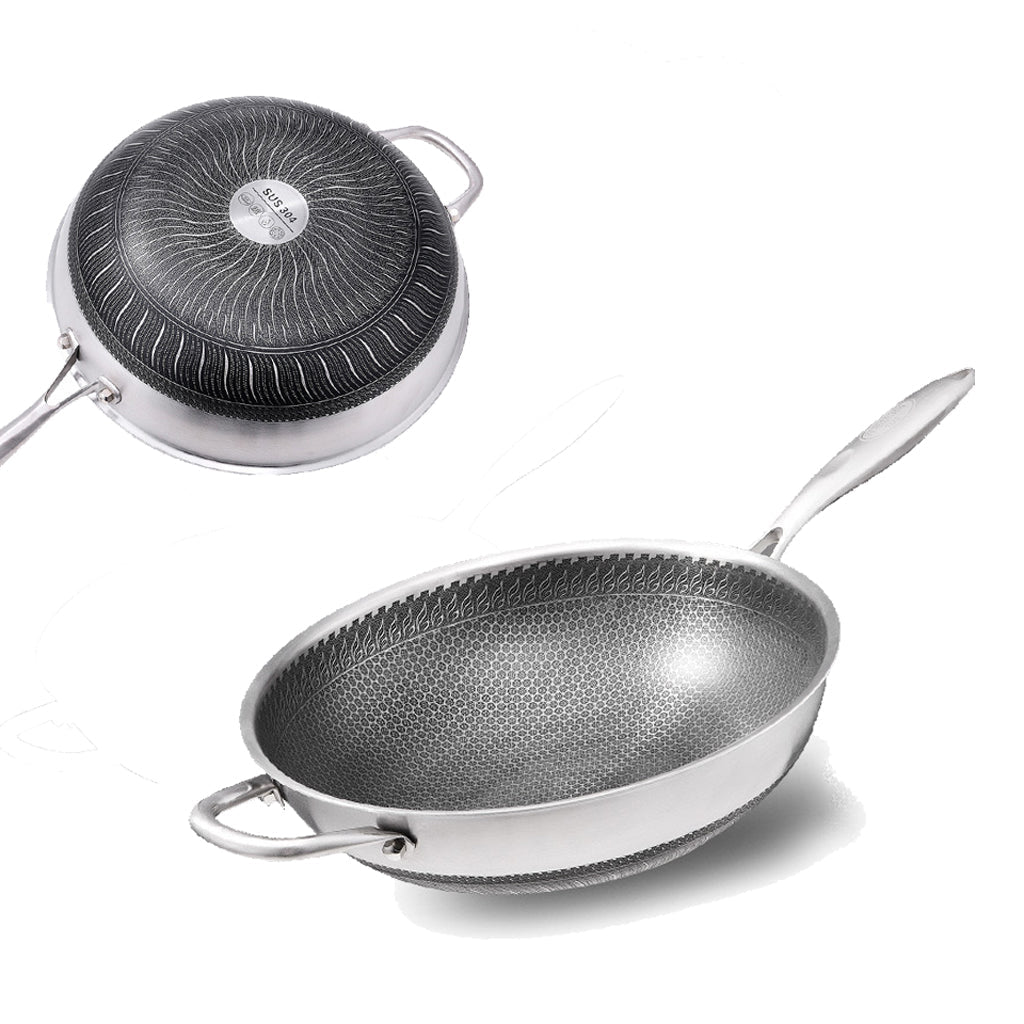 304 Stainless Steel 34cm Non-Stick Stir Fry Cooking Kitchen Wok Pan with Lid Honeycomb Double Sided