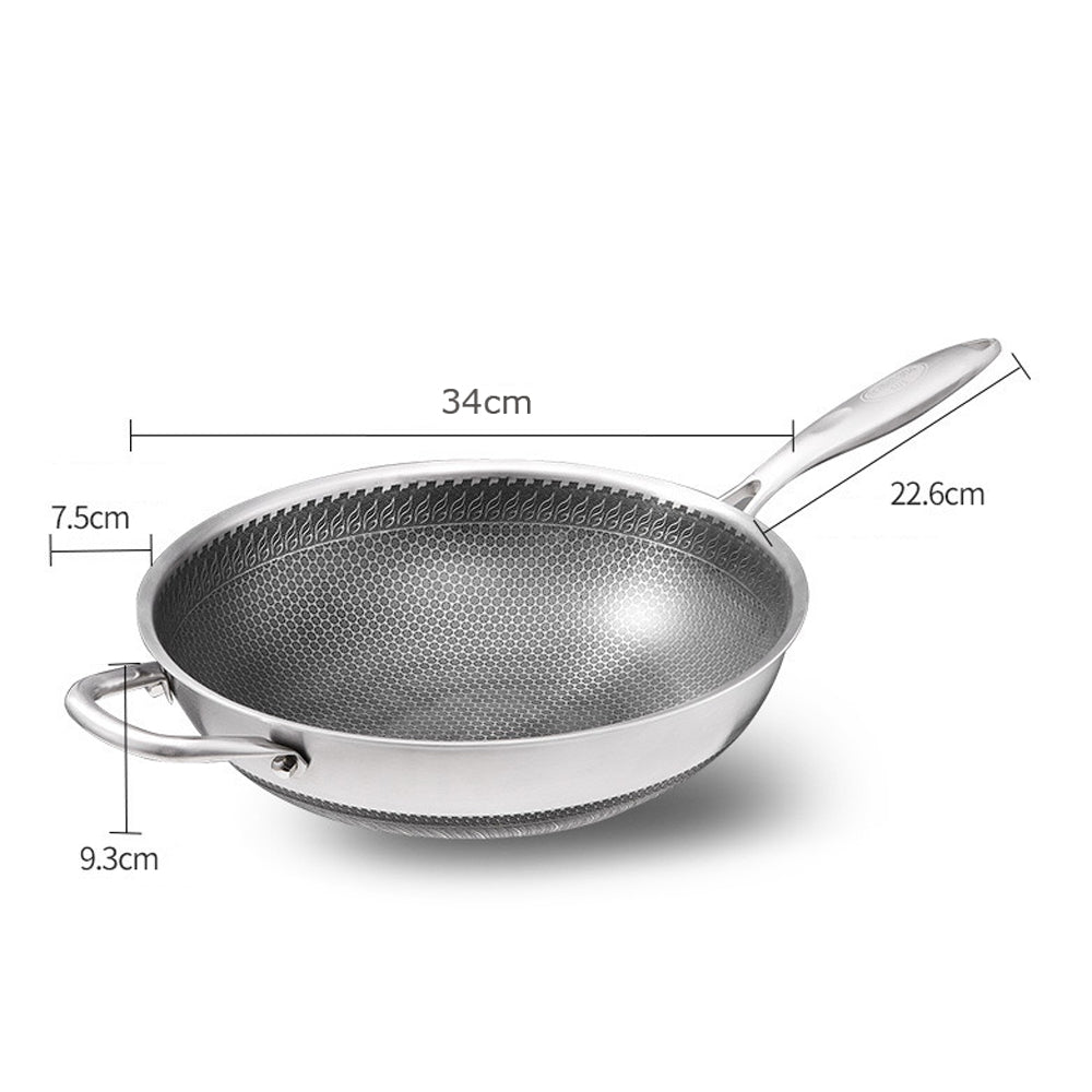 304 Stainless Steel 34cm Non-Stick Stir Fry Cooking Kitchen Wok Pan with Lid Honeycomb Double Sided