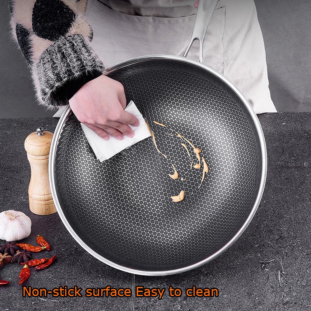 34cm 316 Stainless Steel Non-Stick Stir Fry Cooking Kitchen Wok Pan with Lid Honeycomb Double Sided