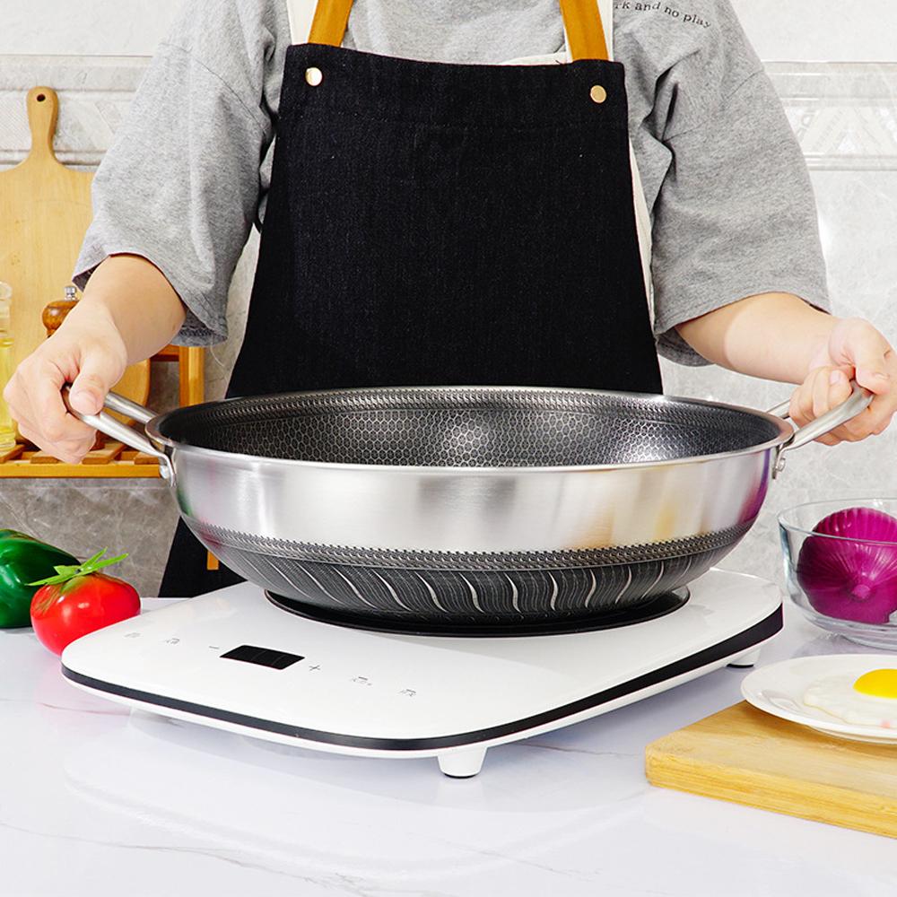 304 Stainless Steel 34cm Non-Stick Stir Fry Cooking Double Ear Kitchen Wok Pan with Lid Honeycomb Double Sided