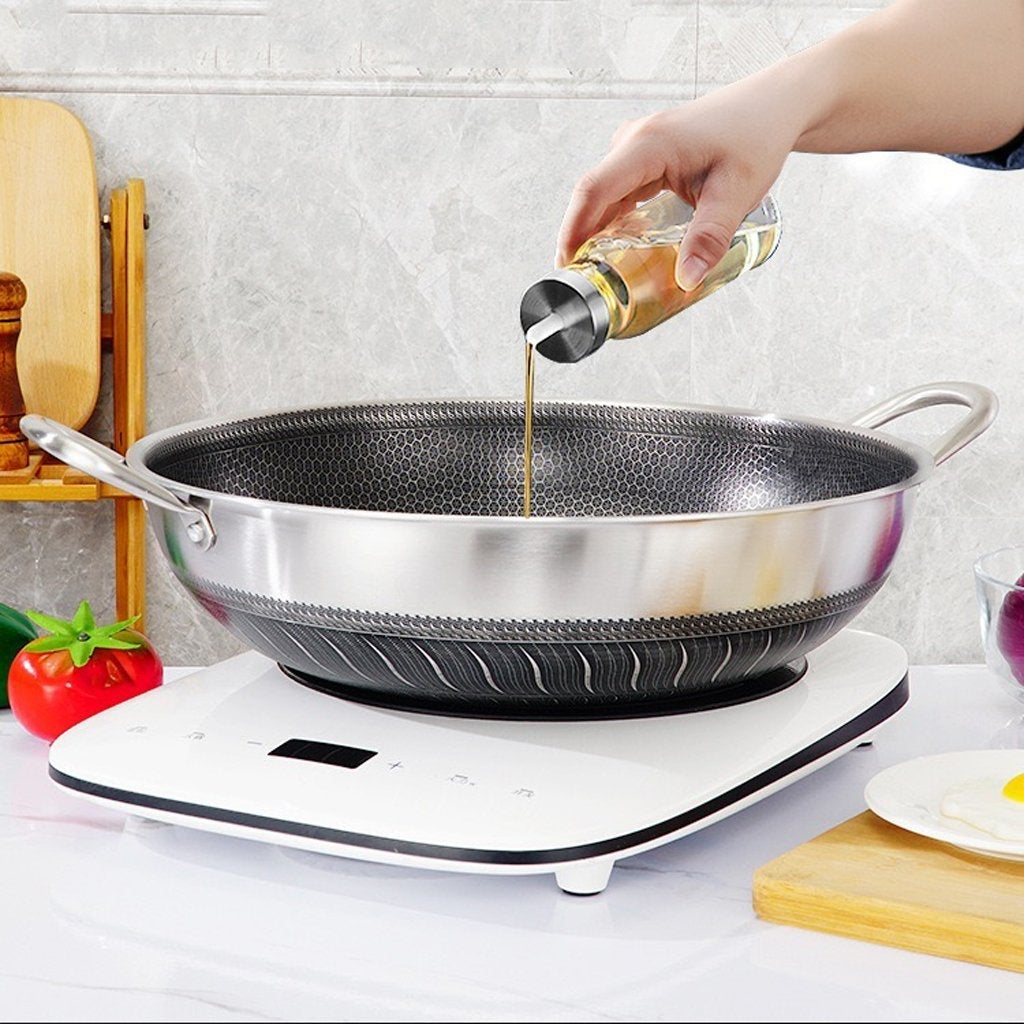 304 Stainless Steel 34cm Non-Stick Stir Fry Cooking Double Ear Kitchen Wok Pan with Lid Honeycomb Double Sided