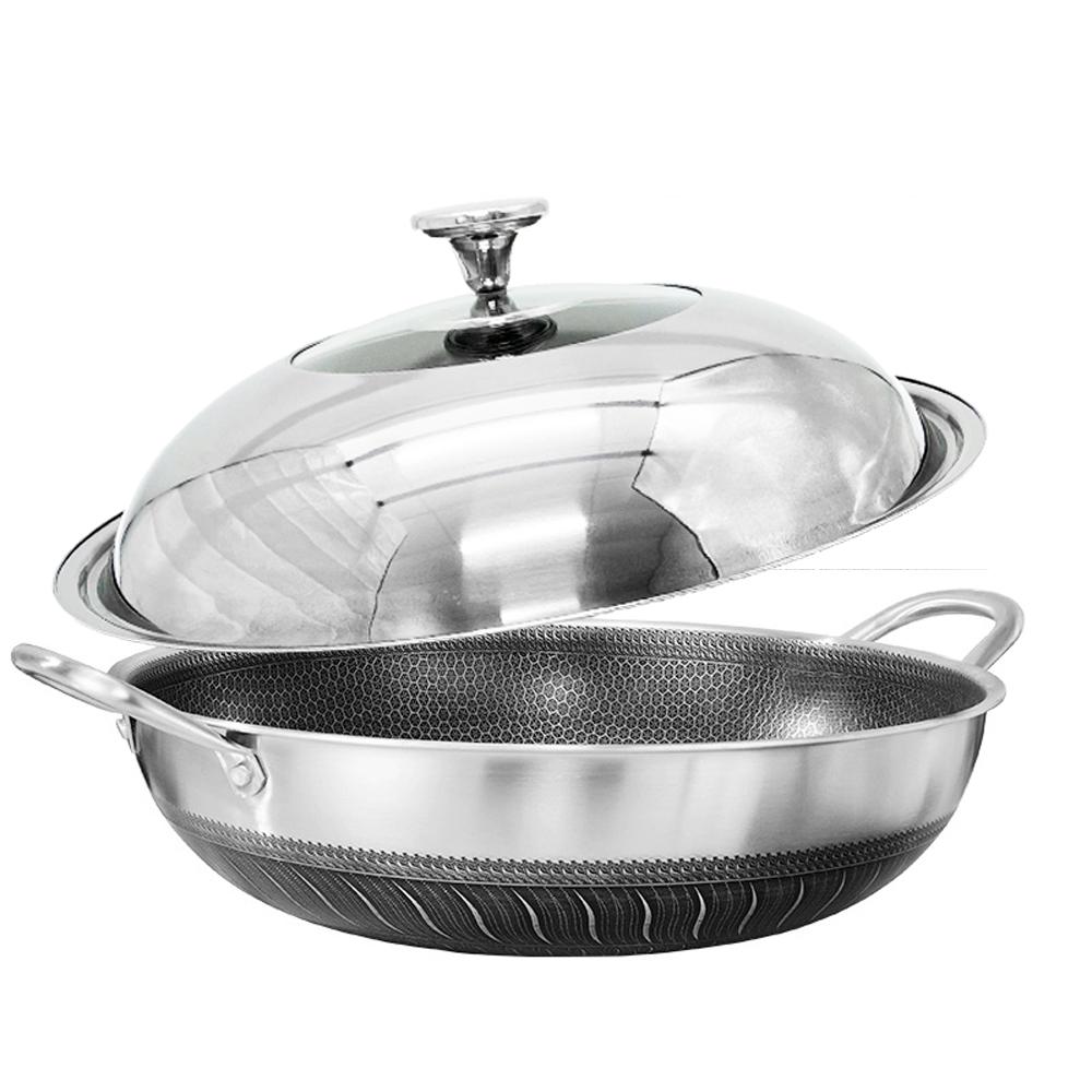 Double Ear 304 Stainless Steel 40cm Non-Stick Stir Fry Cooking Kitchen Wok Pan with Lid Honeycomb Double Sided
