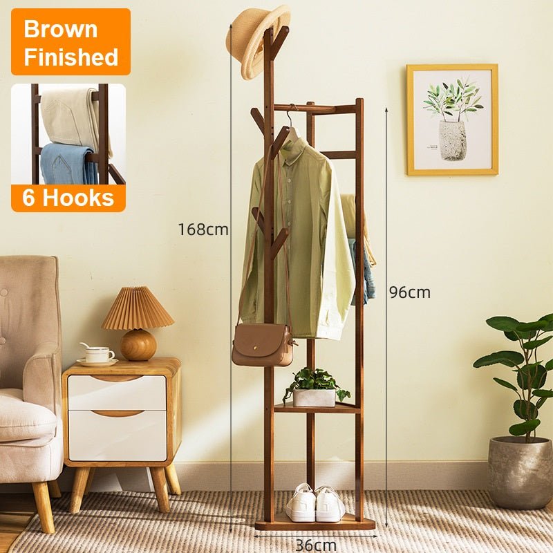 Bamboo Clothes Coat Rack Garment Stand Shelf Tree Hanger Bag Hat Hook Holder Dark Brown