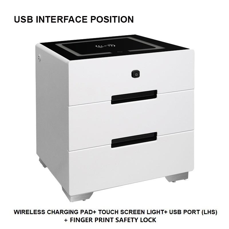 Smart Bedside Tables Finger Print Lock Side 3 Drawers Wireless Charging USB Nightstand LED  AU