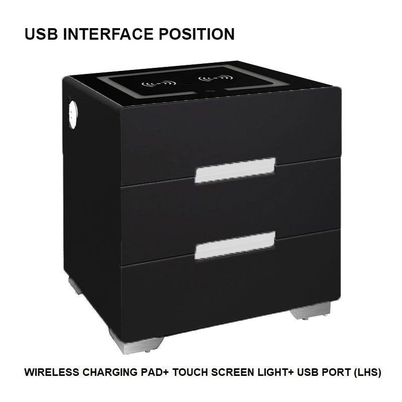 Smart Bedside Tables Side 3 Drawers Wireless Charging USB Right Hand Nightstand LED Light AU Black