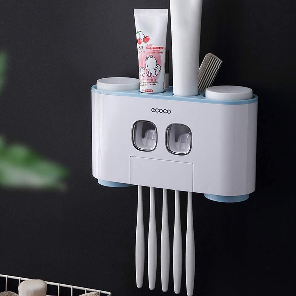 Ecoco Wall-Mounted Toothbrush Holder with 2 Toothpaste Dispensers 4 Cups and 5 Toothbrush Slots Toiletries Bathroom Storage Rack (Blue)