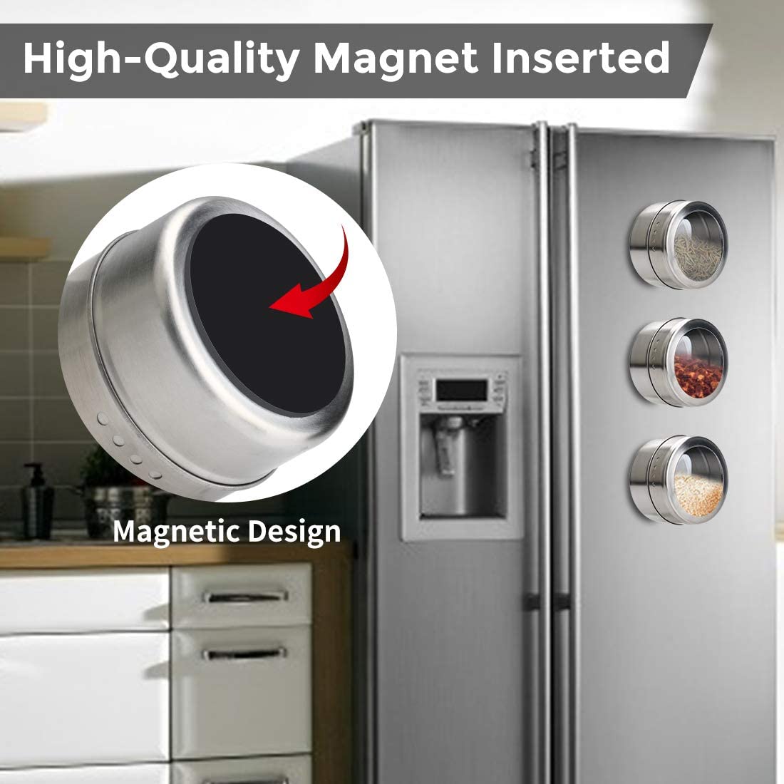 Magnetic Spice Jars Containers Spice Tins Wall Mounted Stainless Steel Base New 12PCS