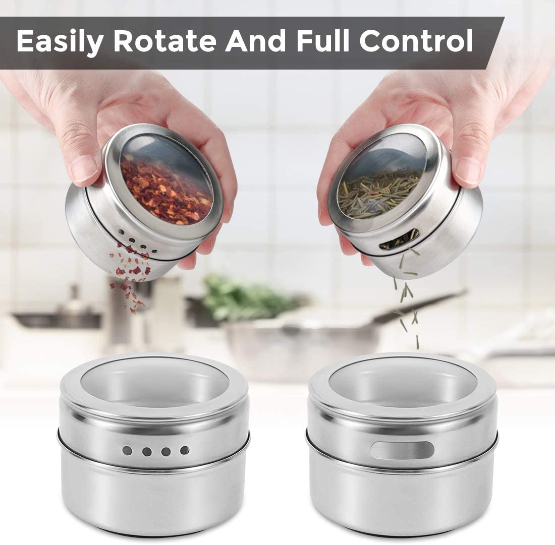 Magnetic Spice Jars Containers Spice Tins Wall Mounted Stainless Steel Base New 12PCS