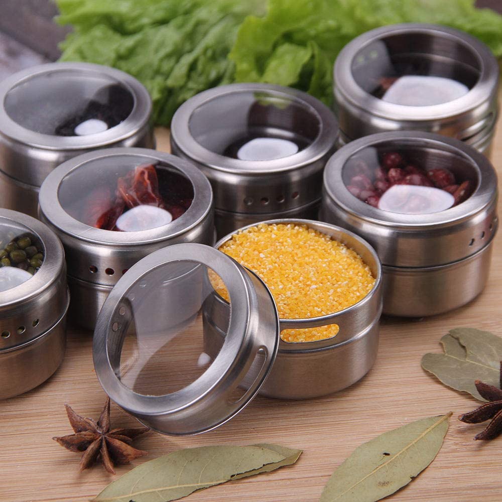 15 pcs Magnetic Spice Jars Containers Spice Tins Wall Mounted Stainless Steel Base New