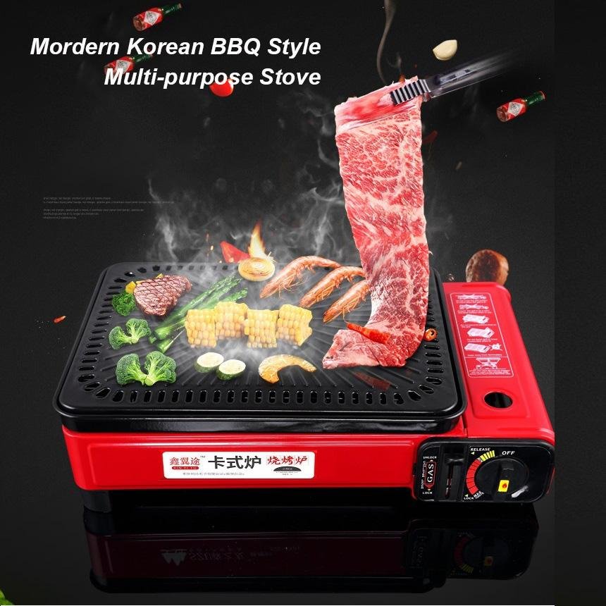 Portable Gas Stove Burner Butane BBQ Camping Gas Cooker With Non Stick Plate Red with Fish Pan and Lid