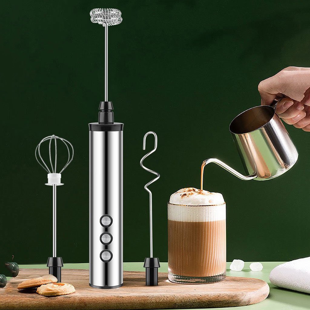 USB Charging Electric Egg Beater Milk Frother Handheld Drink Coffee Foamer Silver with 3 Stainless Steel Whisks