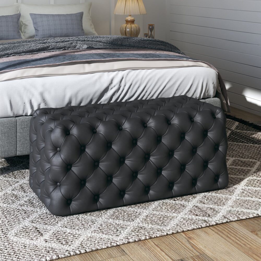 Black Leathaire Ottoman-Rectangular