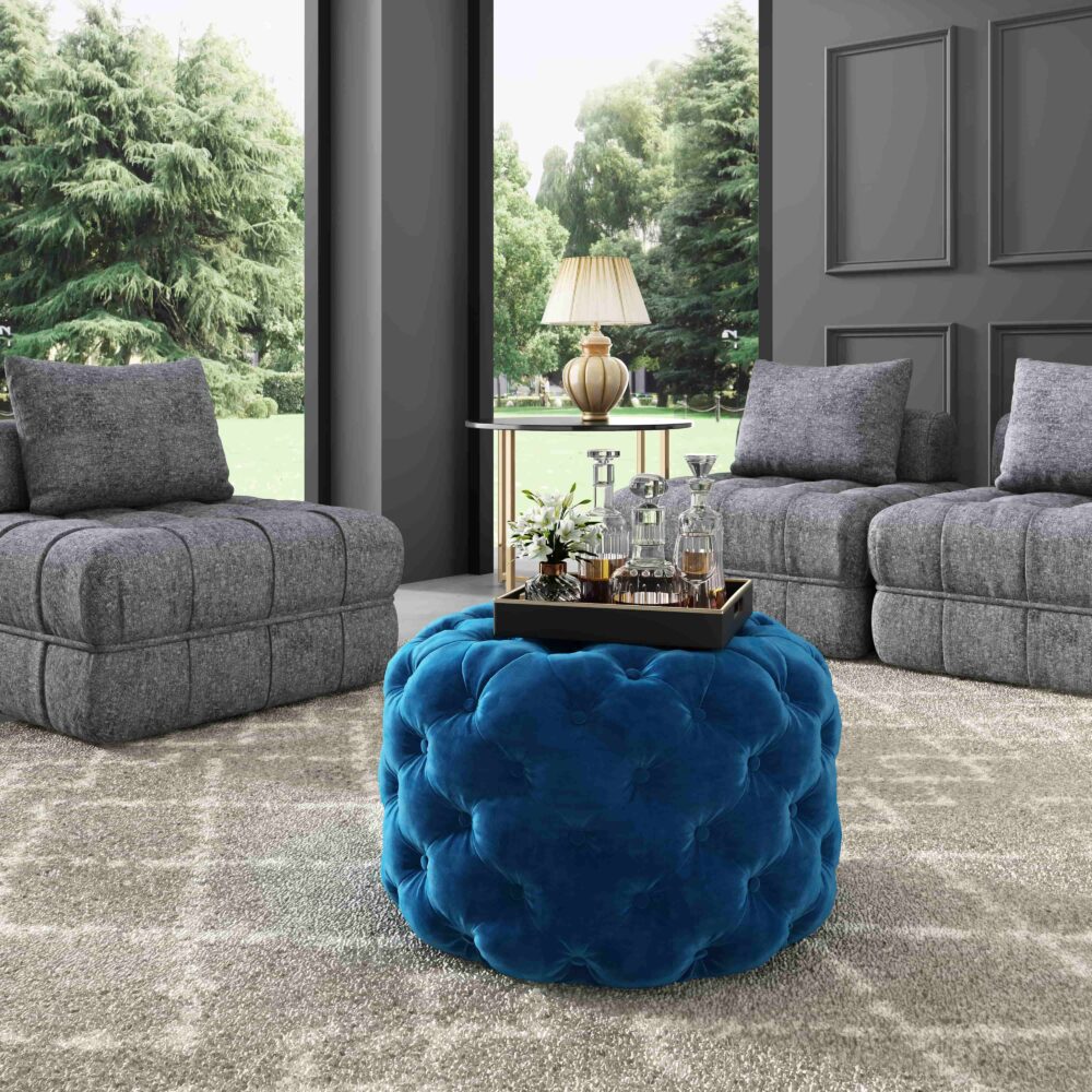 Round Velvet Ottoman in Navy