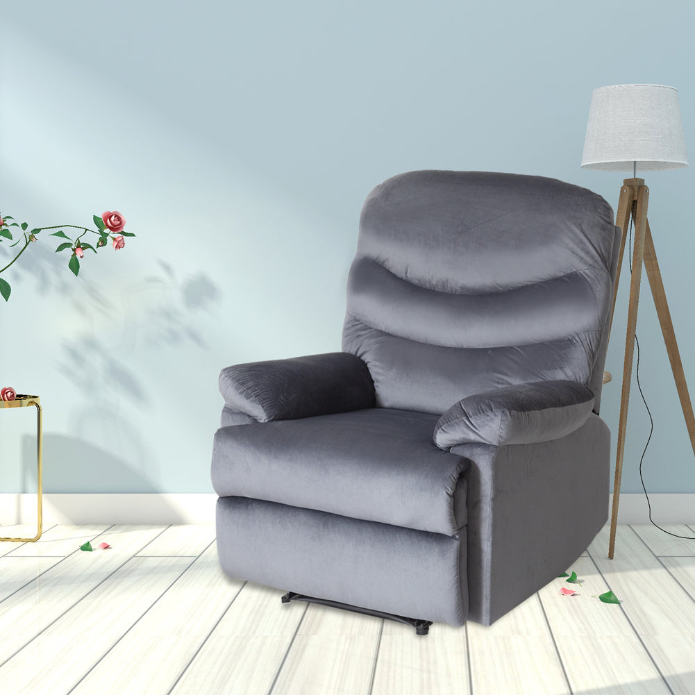 Wide Manual Single Recliner Sofa-Velvet Grey