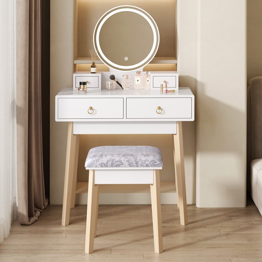 Dressing Vanity Table Stool Set with Make-up LED Lighted Mirror &#8211; White