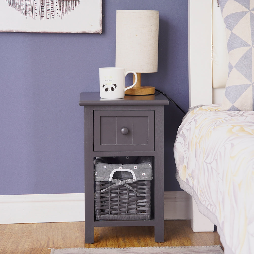 Grey Bedside Table with Wicker Basket