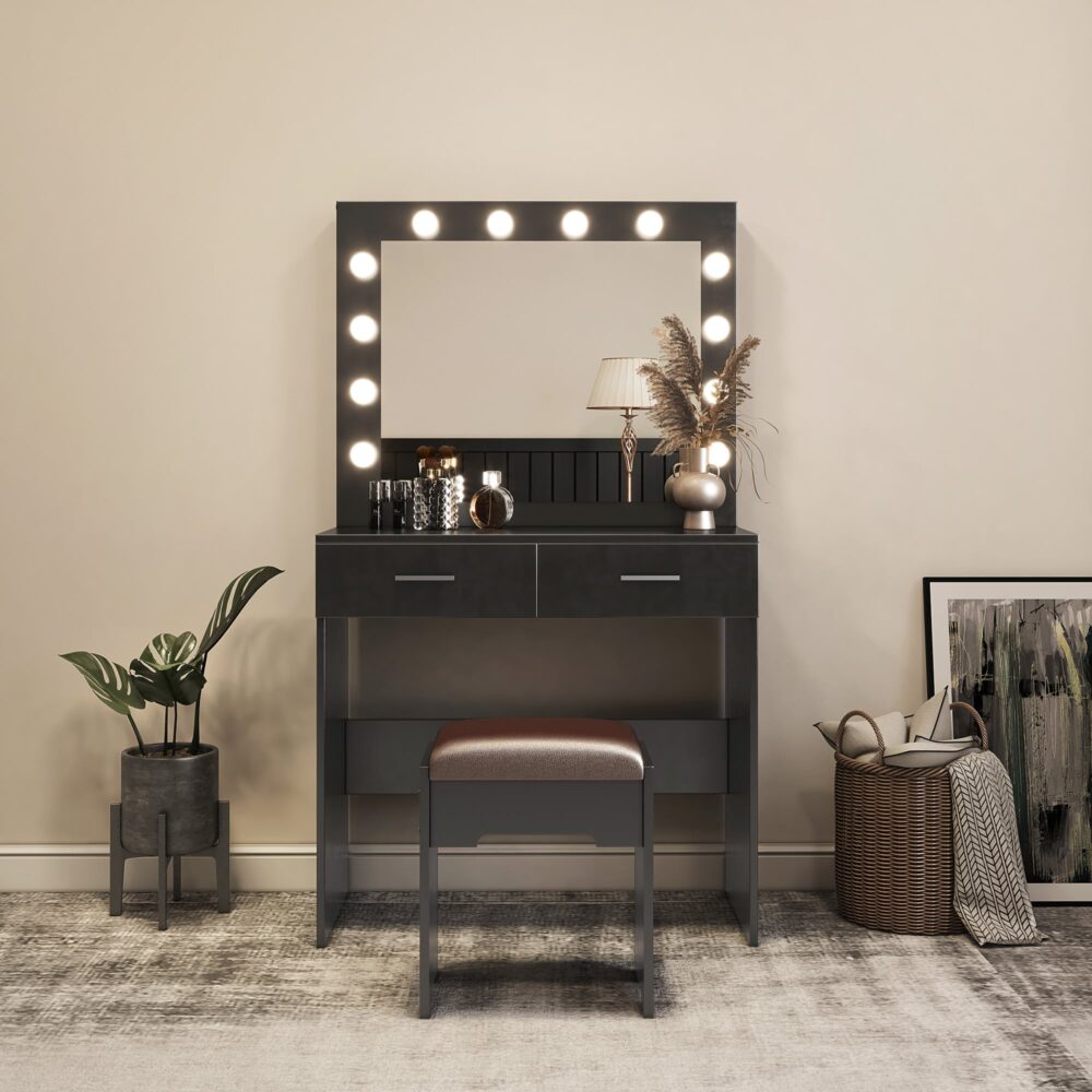 Fidel Vanity Set with Cushioned Stool and Lighted Mirror- Black