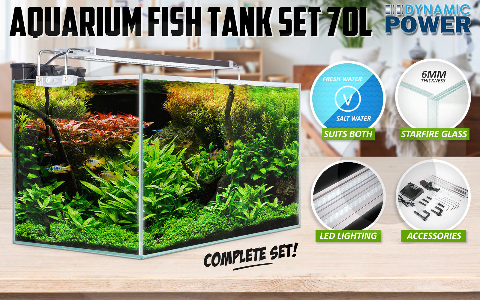 Dynamic Power Aquarium Fish Tank 70L Starfire Glass