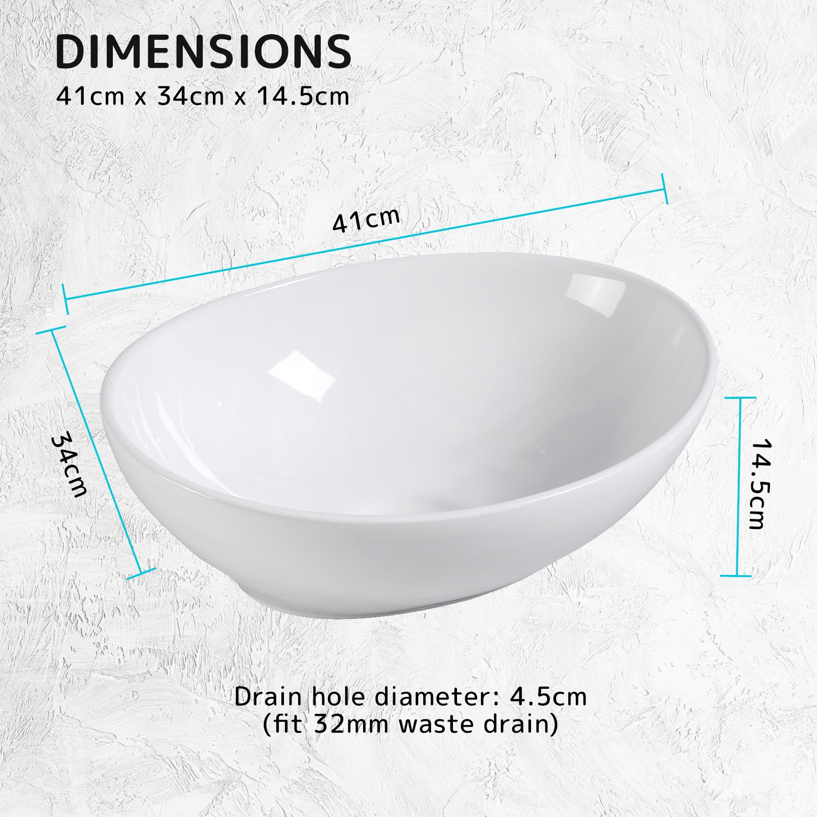 Muriel 41 x 34 x 14.5cm White Ceramic Bathroom Basin Vanity Sink Oval Above Counter Top Mount Bowl