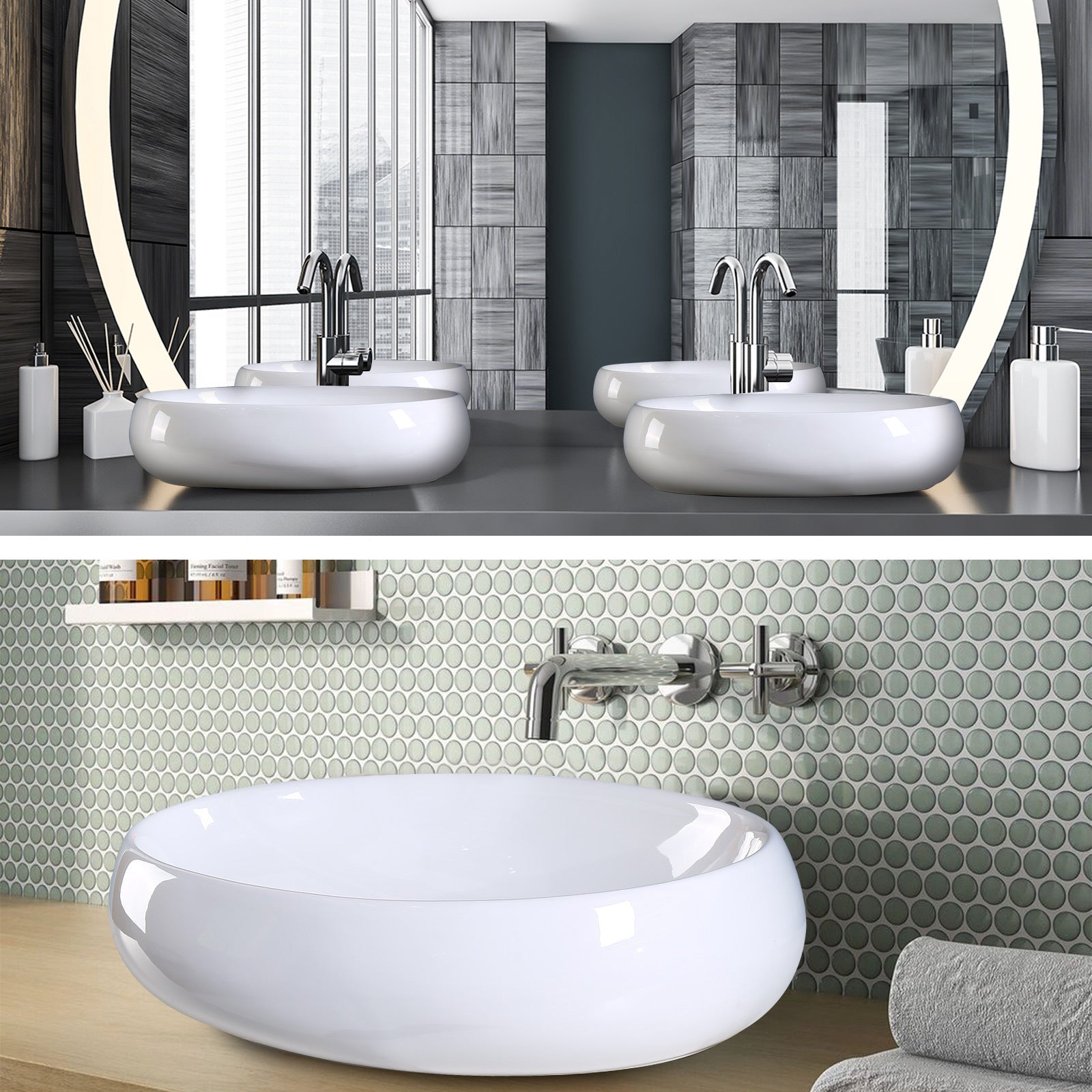 Muriel 59 x 40 x 14.5cm White Ceramic Bathroom Basin Vanity Sink Oval Above Counter Top Mount Bowl