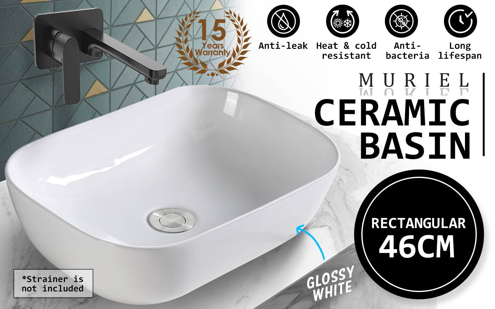 Muriel 46 x 32.5 x 12.5cm White Ceramic Bathroom Basin Vanity Sink Above Counter Top Mount Bowl