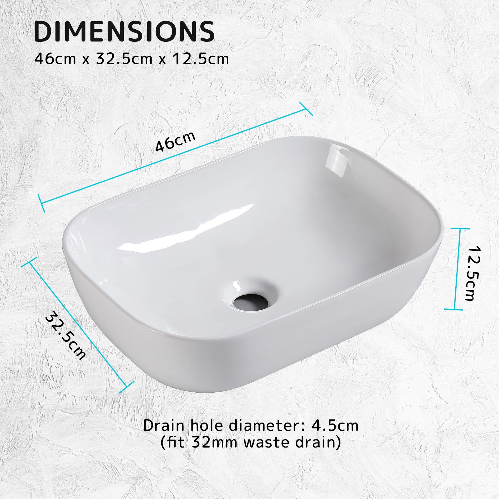 Muriel 46 x 32.5 x 12.5cm White Ceramic Bathroom Basin Vanity Sink Above Counter Top Mount Bowl