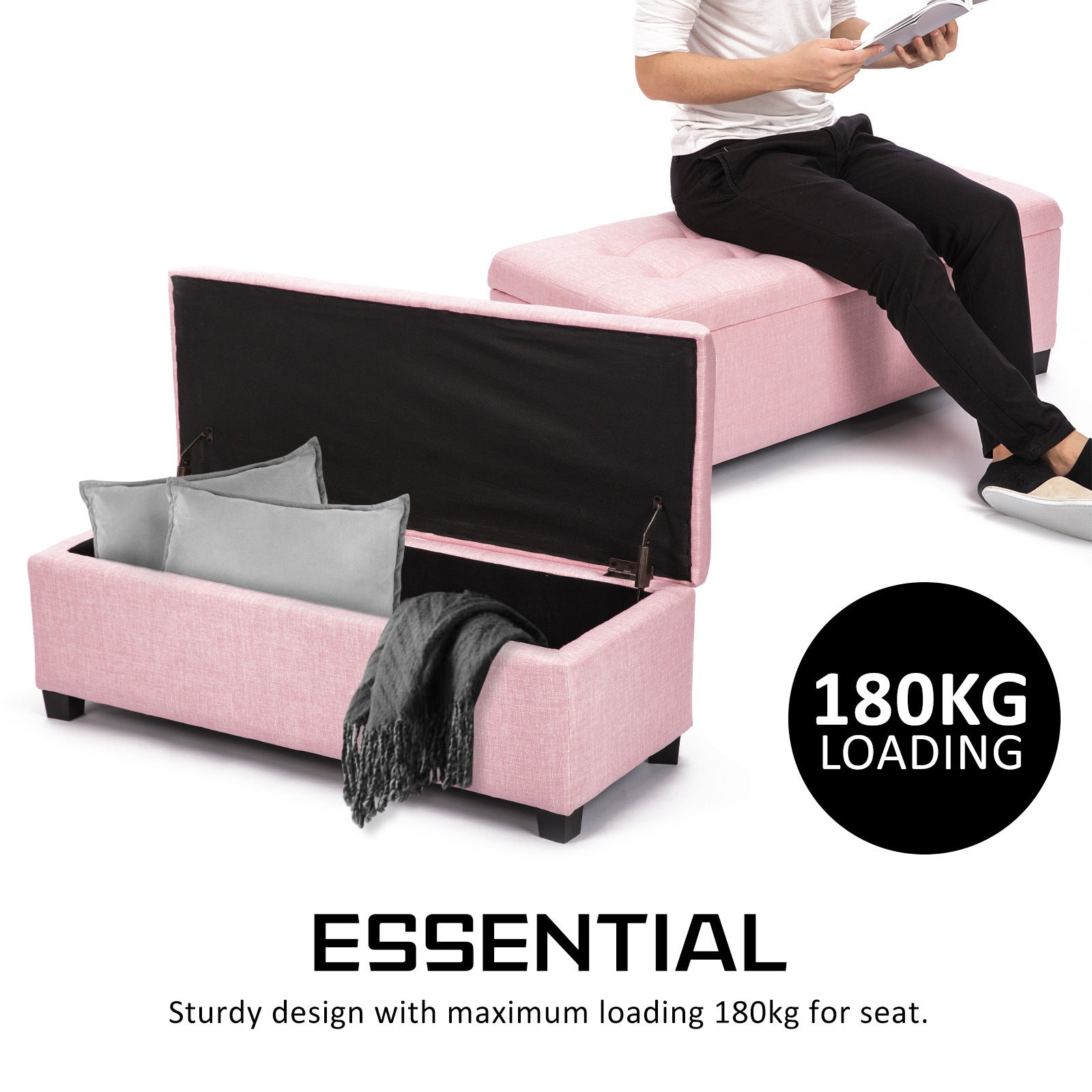 La Bella 102cm Pink Storage Ottoman Stool Fabric