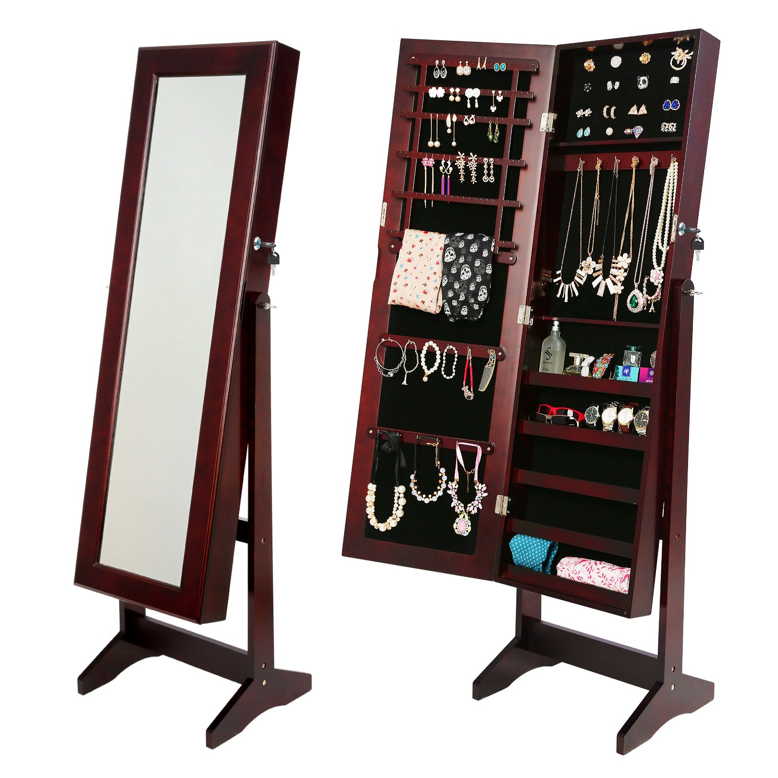 La Bella 146cm Walnut Mirror Jewellery Cabinet Storage Organiser LUVO