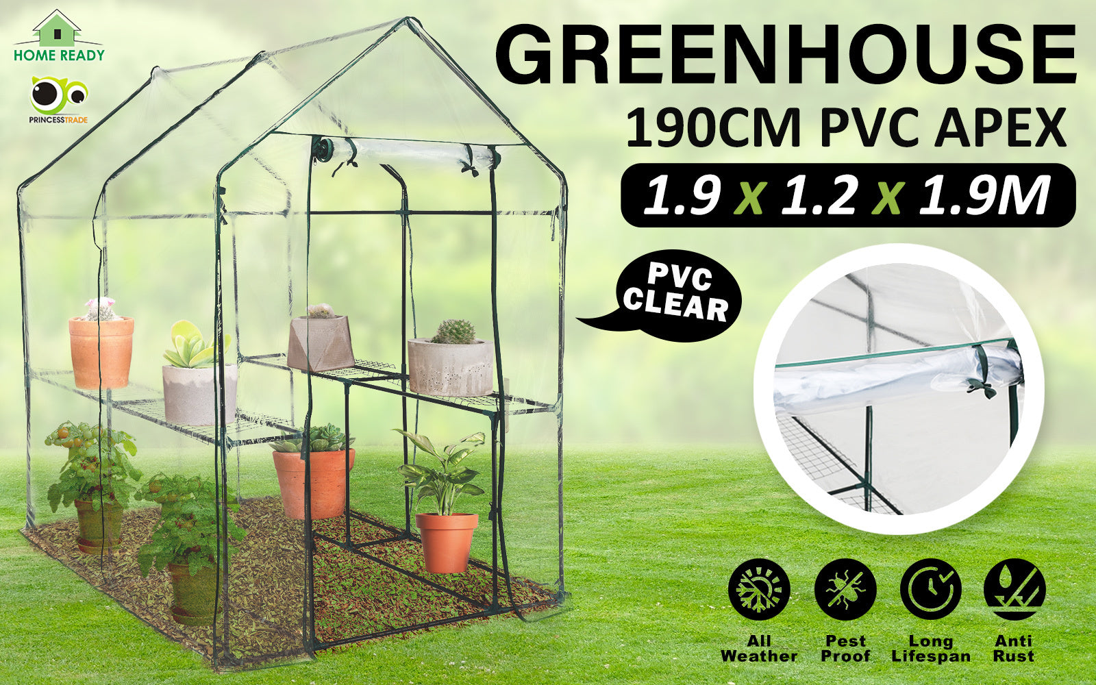 Home Ready Apex 1.9x1.2x1.9M Garden Greenhouse Walk-In Shed PVC