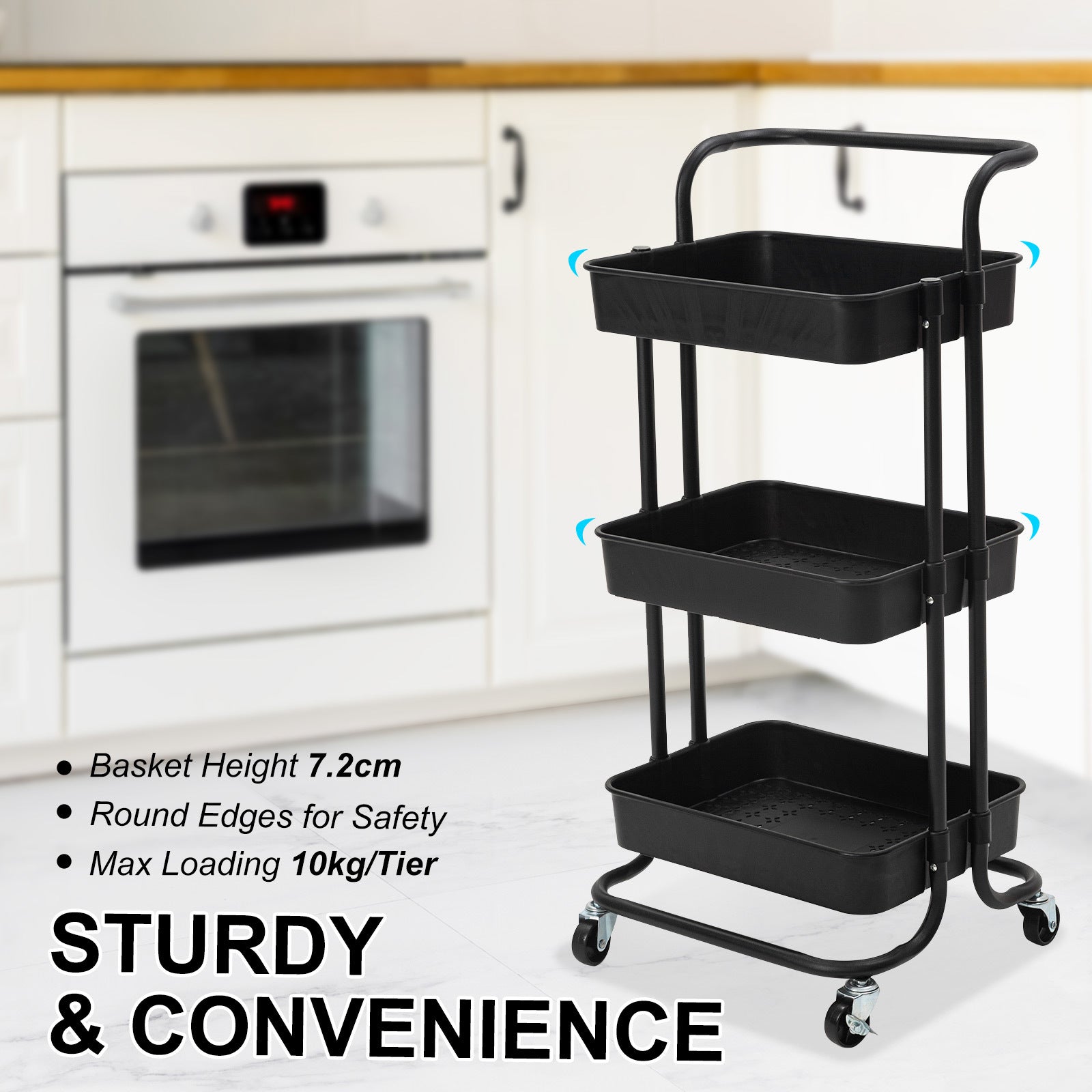 Kandoka 3 Tier Black Trolley Cart Storage Utility Rack Organiser Swivel Kitchen