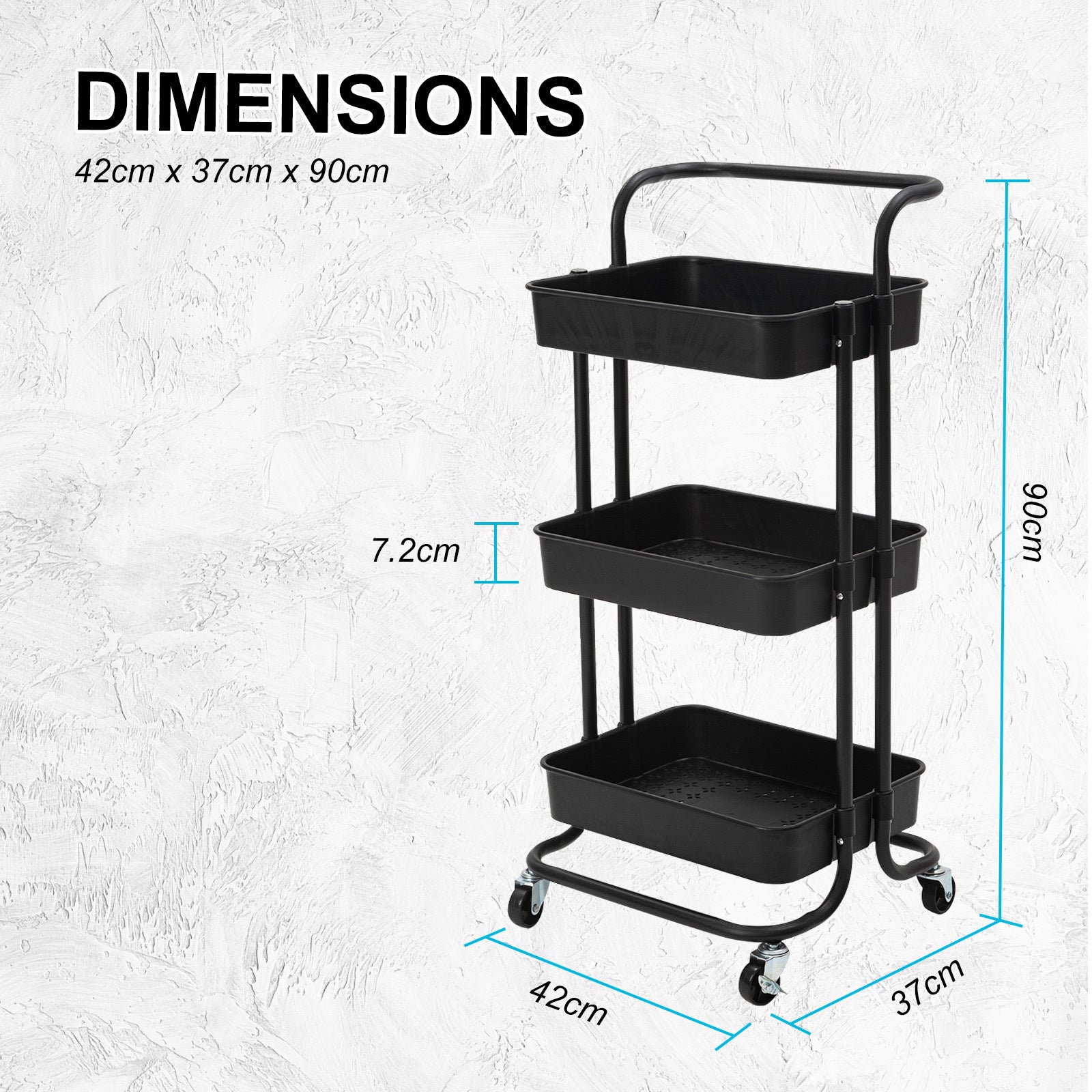 Kandoka 3 Tier Black Trolley Cart Storage Utility Rack Organiser Swivel Kitchen