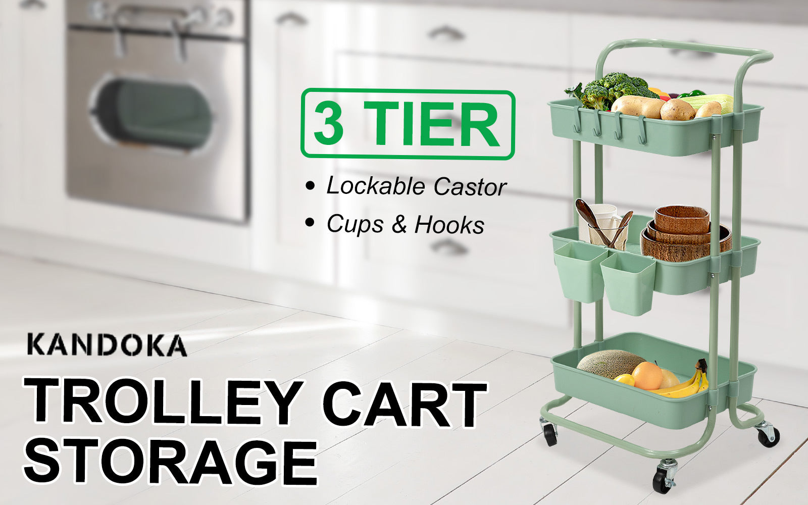 Kandoka 3 Tier Green Trolley Cart Storage Utility Rack Organiser Swivel Kitchen