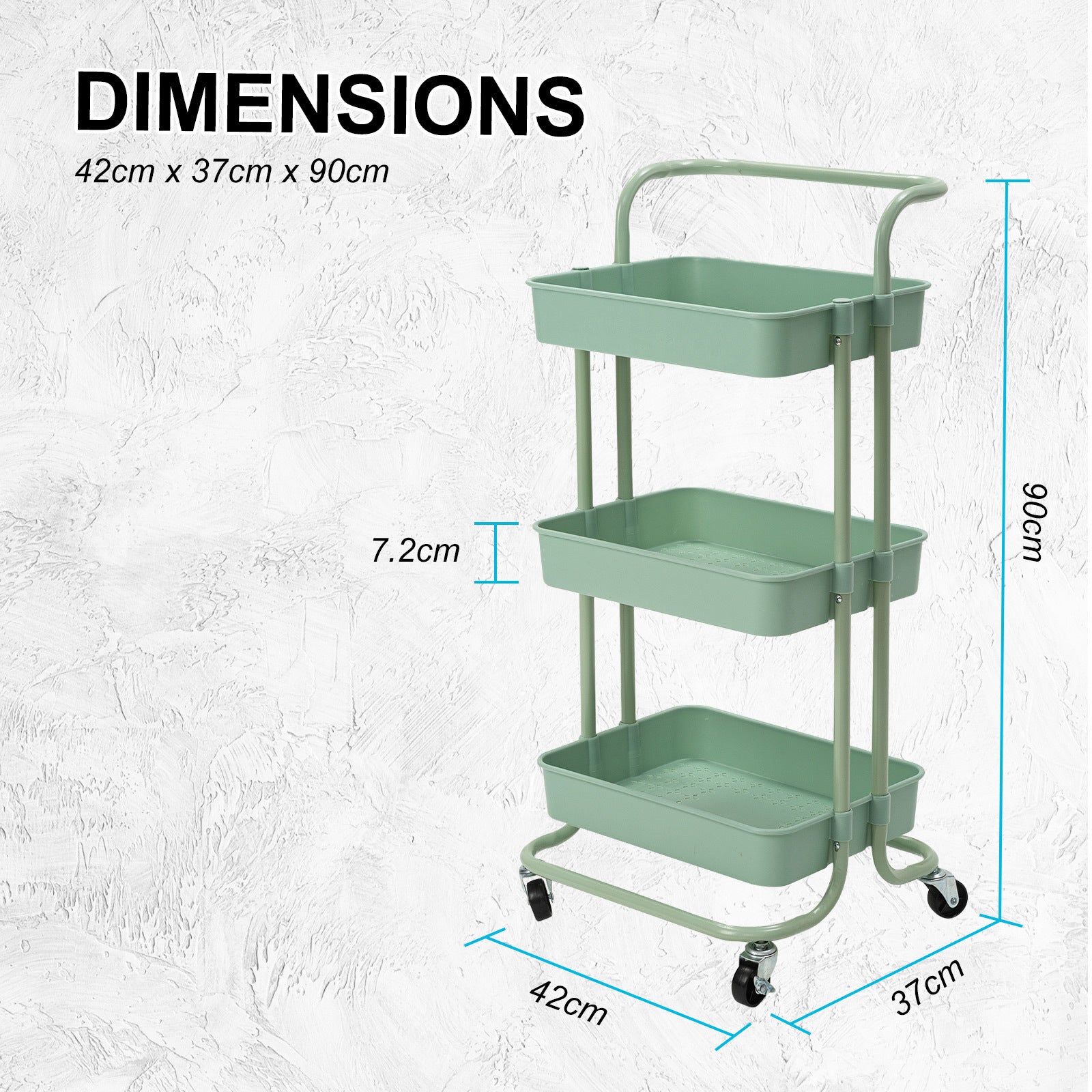 Kandoka 3 Tier Green Trolley Cart Storage Utility Rack Organiser Swivel Kitchen