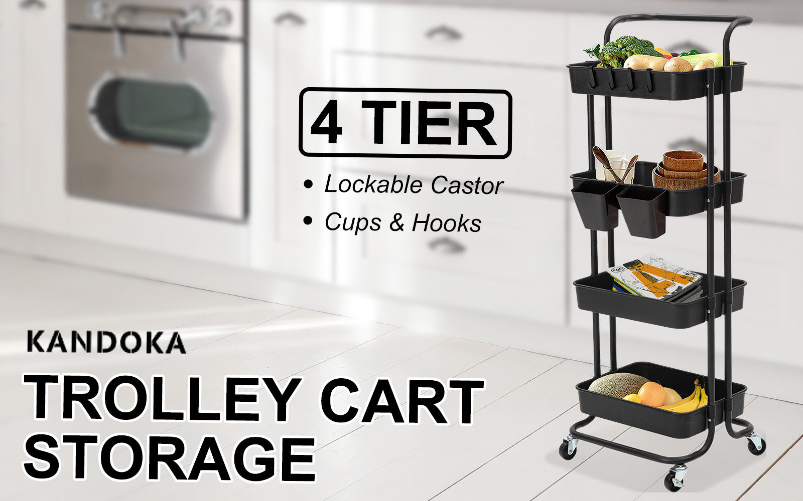 Kandoka 4 Tier Black Trolley Cart Storage Utility Rack Organiser Swivel Kitchen