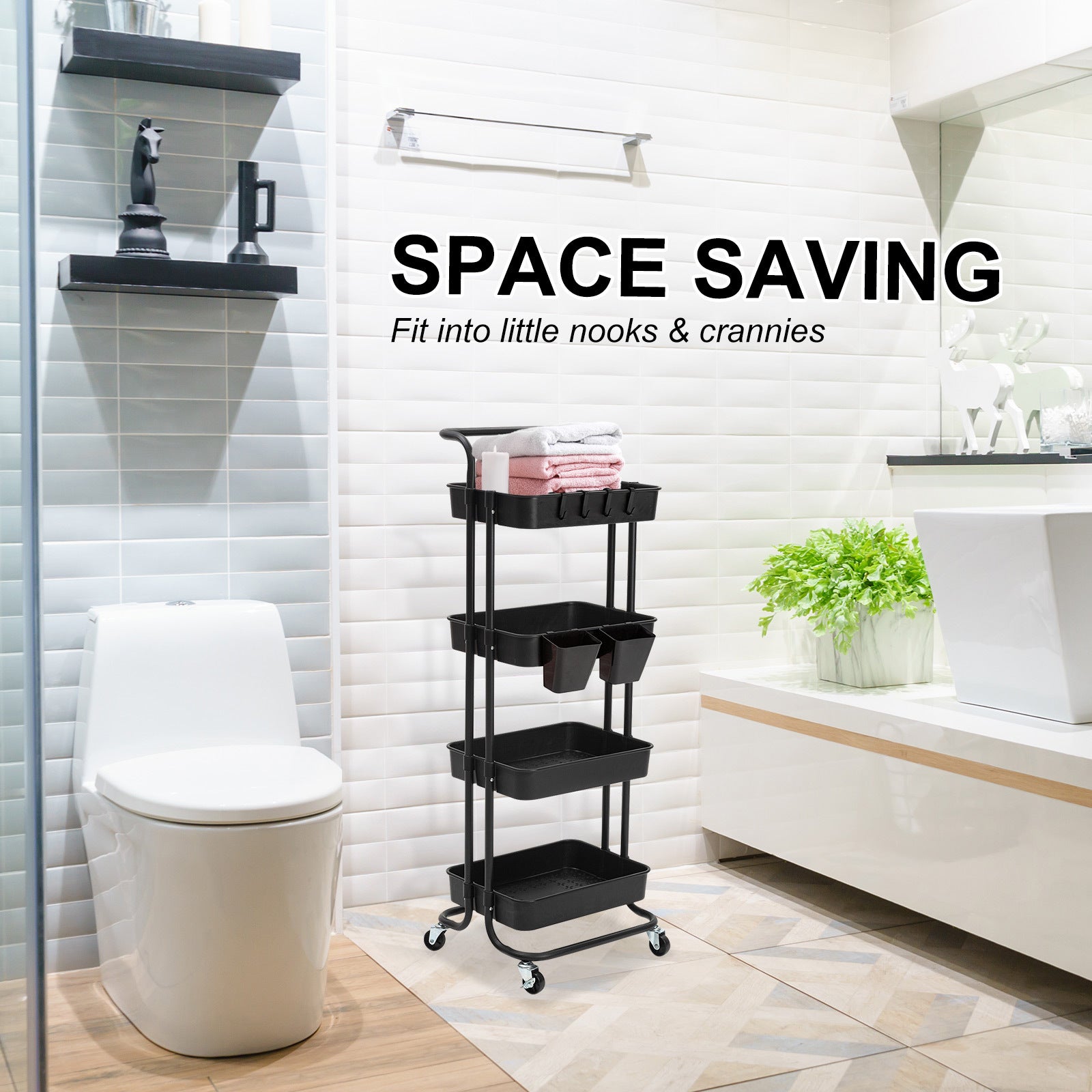 Kandoka 4 Tier Black Trolley Cart Storage Utility Rack Organiser Swivel Kitchen