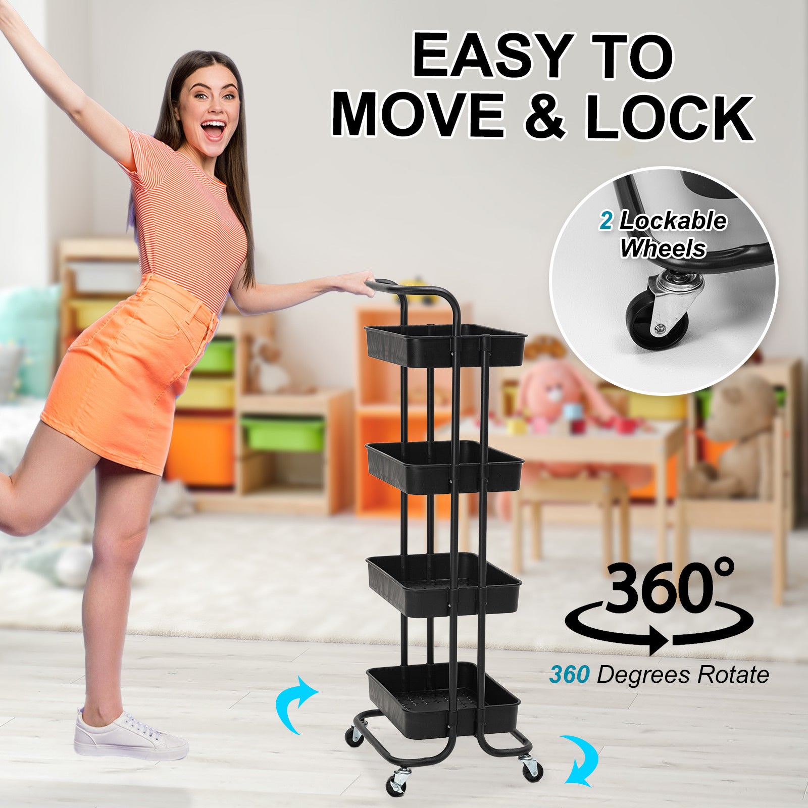 Kandoka 4 Tier Black Trolley Cart Storage Utility Rack Organiser Swivel Kitchen