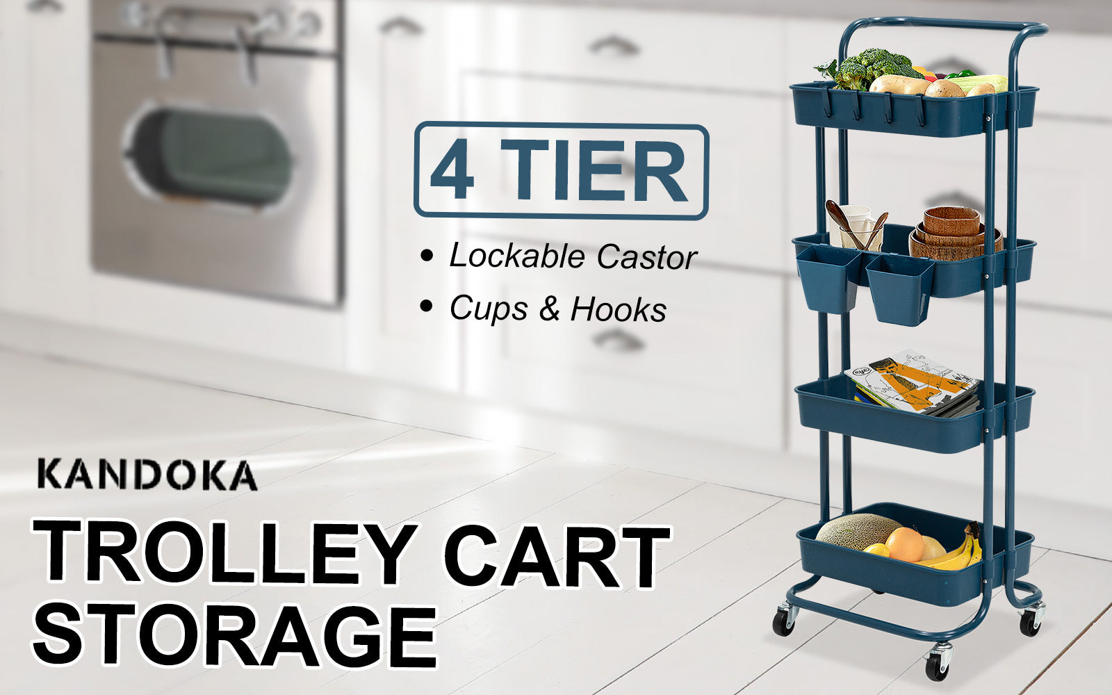 Kandoka 4 Tier Blue Trolley Cart Storage Utility Rack Organiser Swivel Kitchen