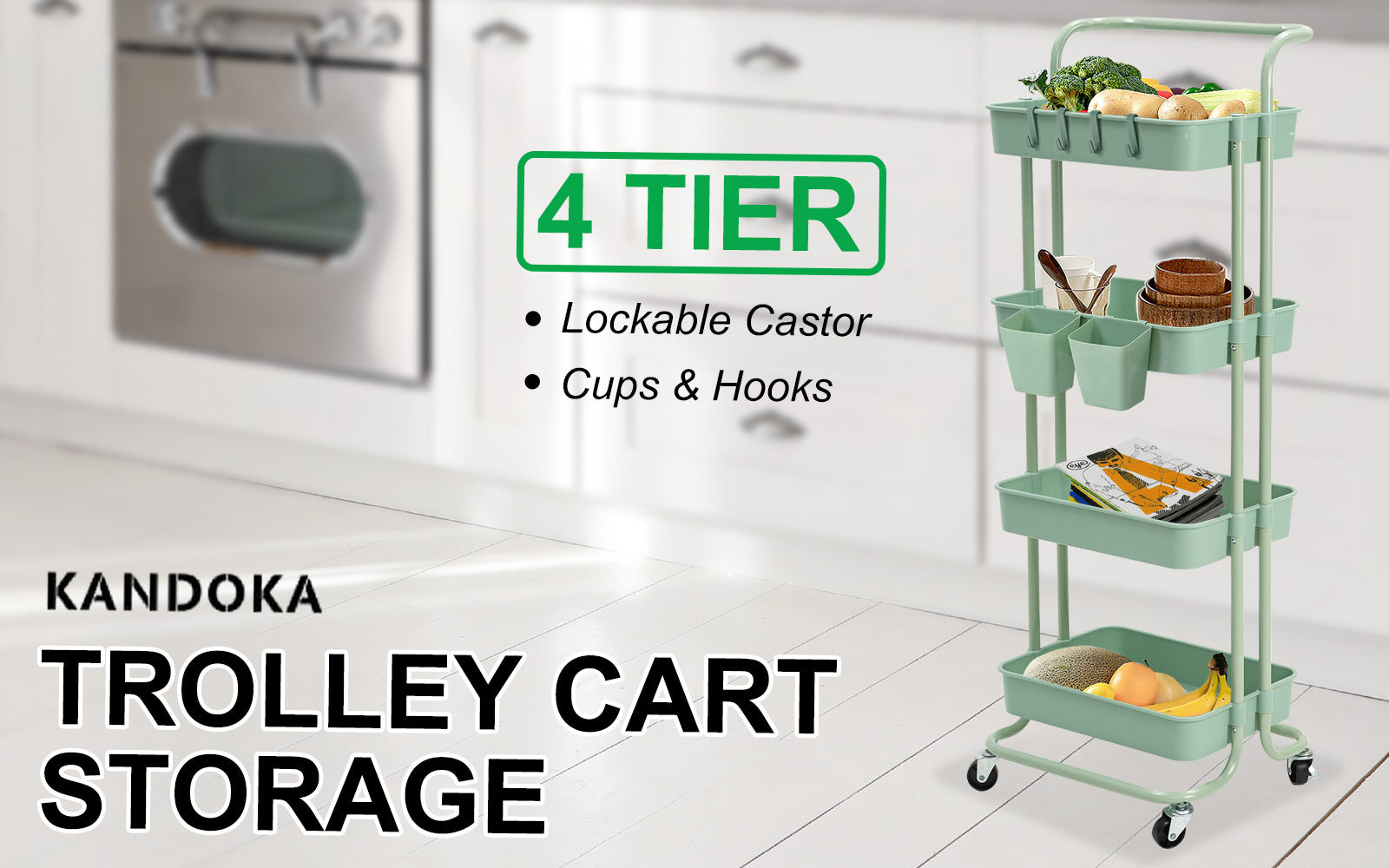 Kandoka 4 Tier Green Trolley Cart Storage Utility Rack Organiser Swivel Kitchen
