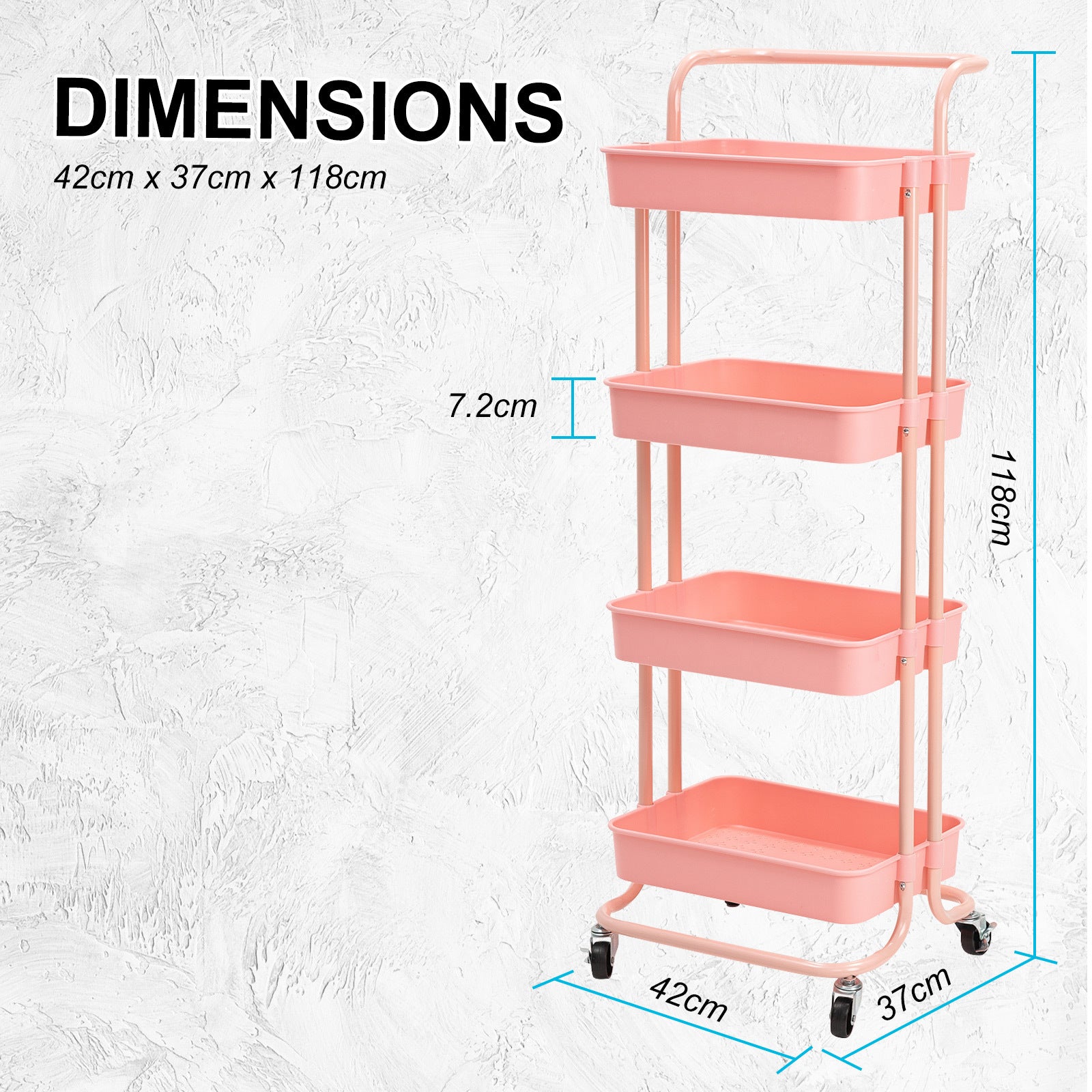 Kandoka 4 Tier Pink Trolley Cart Storage Utility Rack Organiser Swivel Kitchen