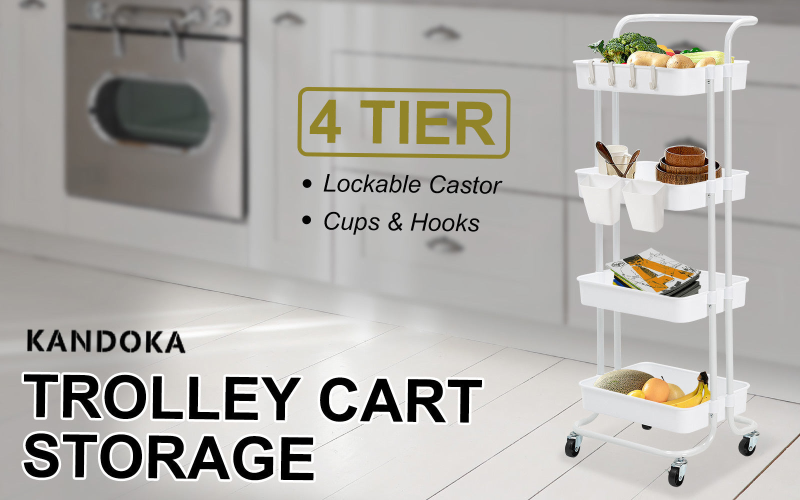 Kandoka 4 Tier White Trolley Cart Storage Utility Rack Organiser Swivel Kitchen