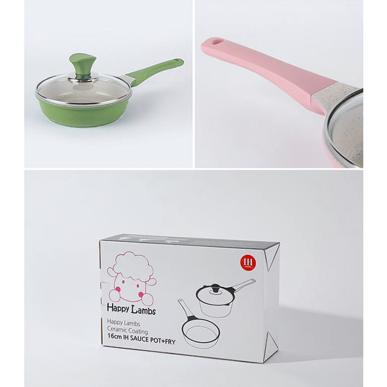 Happy Lambs 16cm Pink Sauce Pot Frying Pan w/ a Lid Set Non-Stick Stone Induction IH Frypan