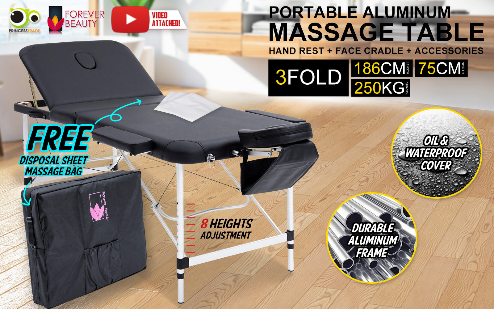 Forever Beauty Black Portable Beauty Massage Table Bed Therapy Waxing 3 Fold 75cm Aluminium