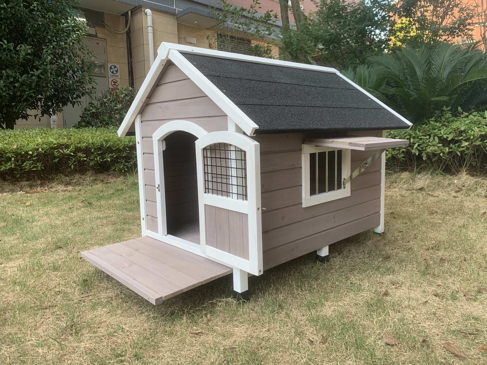 YES4PETS L Timber Pet Dog Kennel House Puppy Wooden Timber Cabin With Stripe Grey