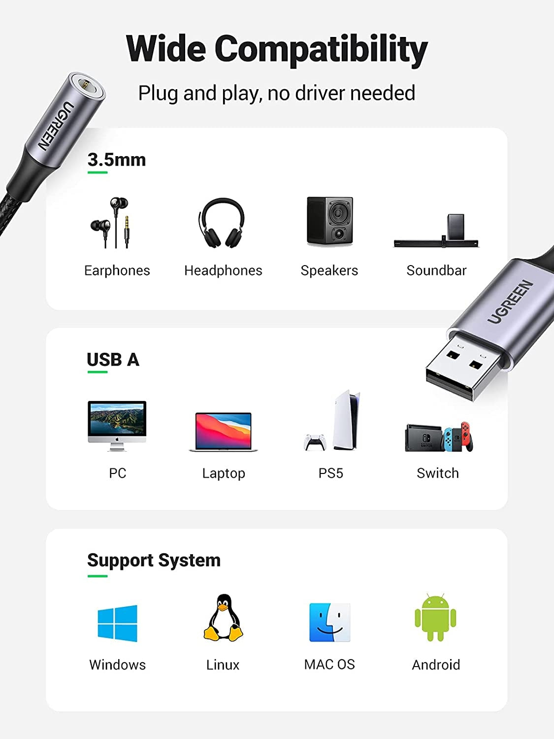 UGREEN 30757 USB to 3.5mm Audio Jack Sound Card Adapter