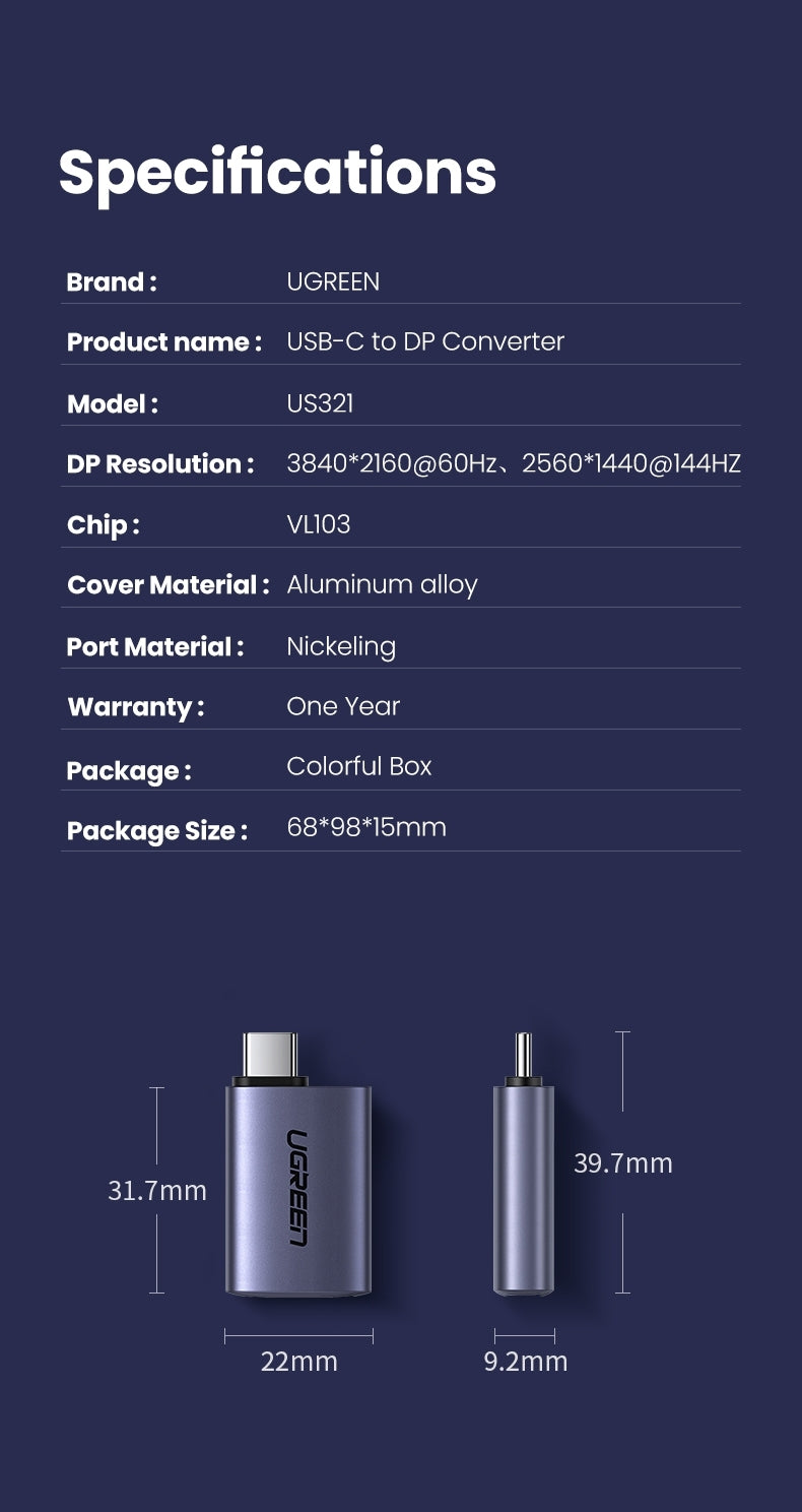 UGREEN 70451 USB-C Male to DP Female Adapter Aluminium Case 4K/2K 60Hz (Dark Gray)