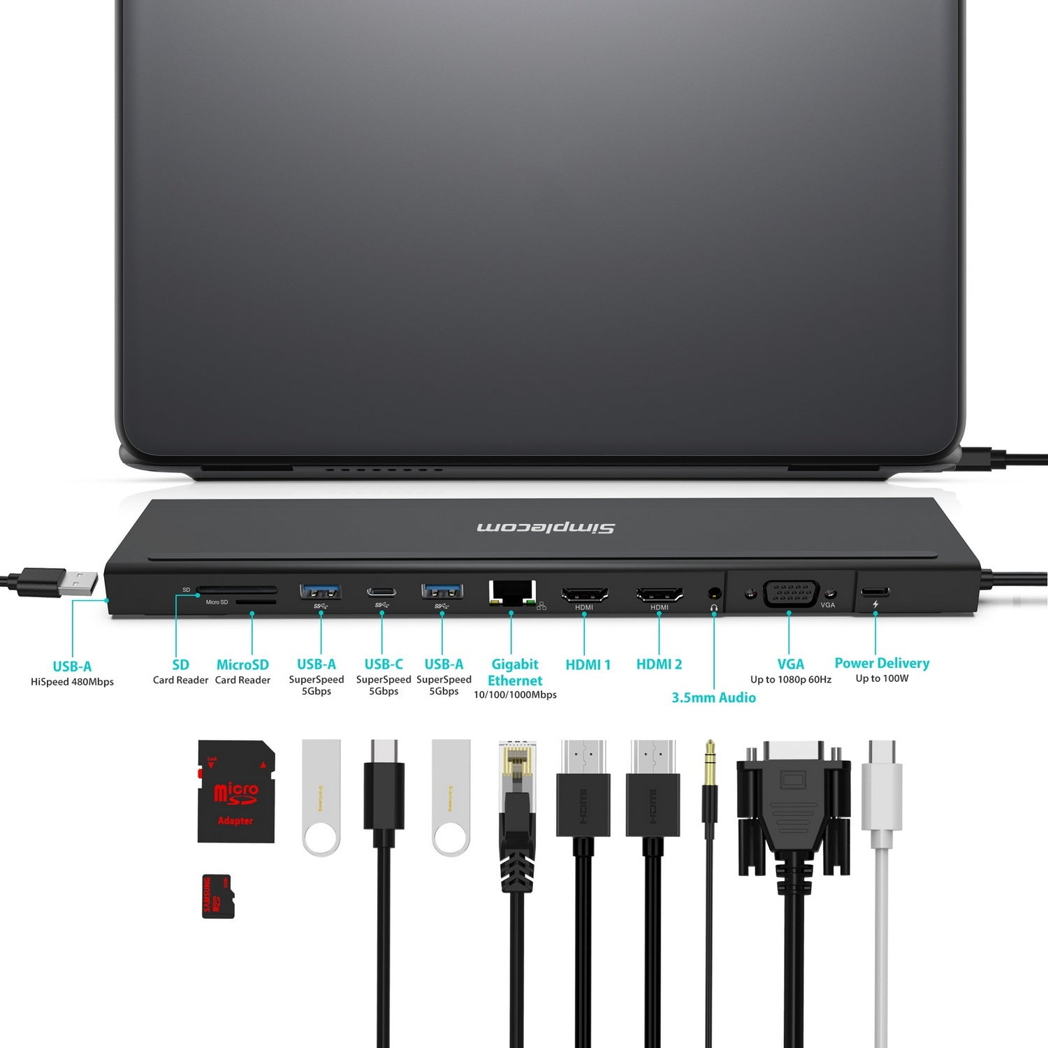 Simplecom CHN622 USB-C 12-in-1 Multiport Docking Station Laptop Stand Dual HDMI + VGA Triple Display Gigabit LAN