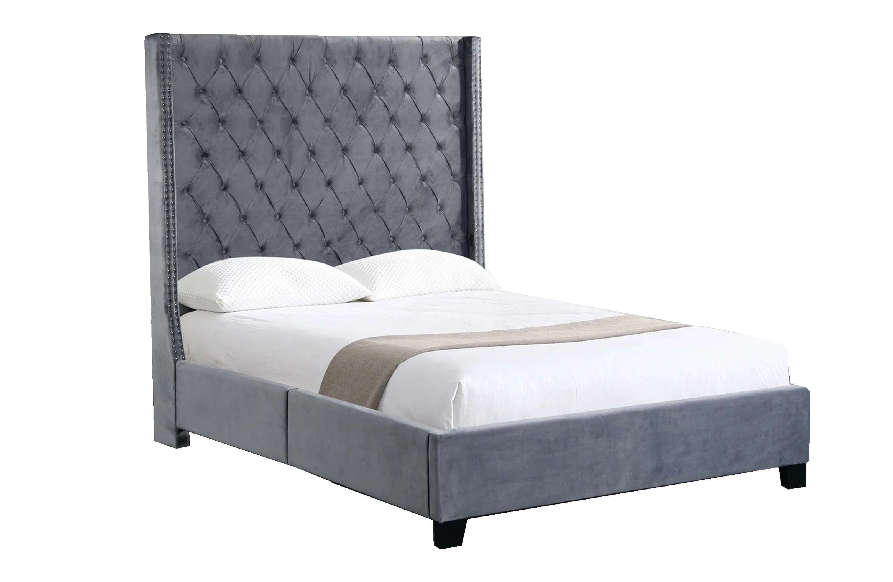 Ella Winged Bed 180cm - Queen Size - Grey Velvet