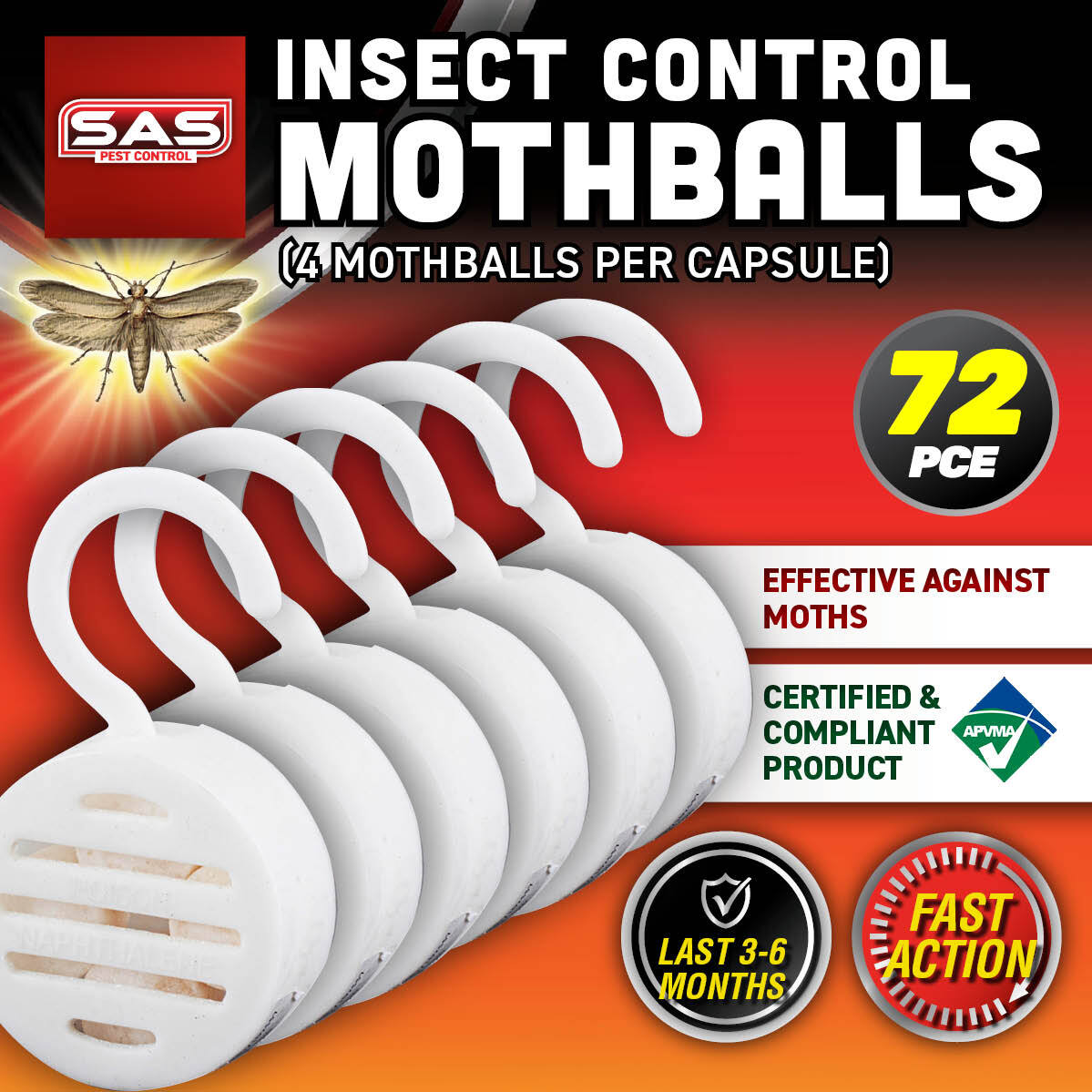 SAS Pest Control 72PCE Mothballs Hang Hook Casing Fast Action Effective 12g